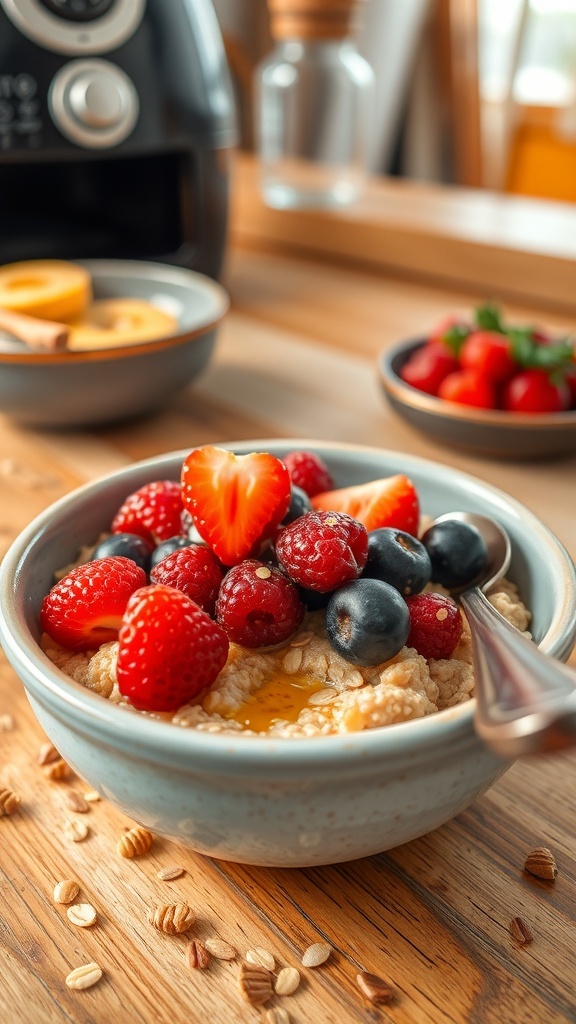 A bowl of air fryer baked oats topped with berries and honey in a cozy kitchen setting.